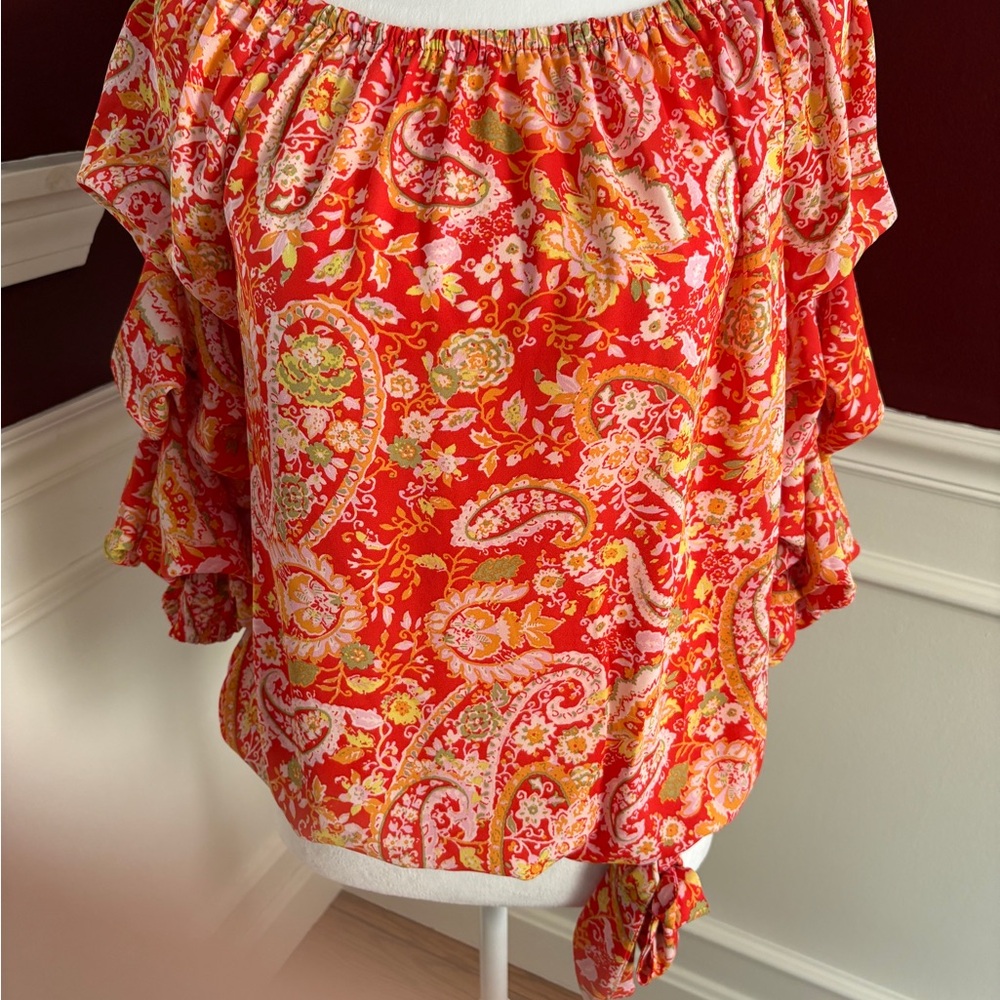 CeCe Red and Orange Floral Paisley Blouse